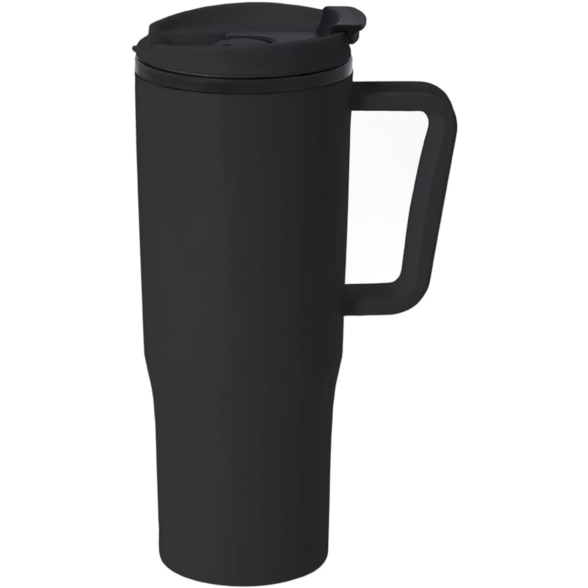 A travel mug in matte black with a sturdy handle and a spill-resistant lid. It features a branding logo.