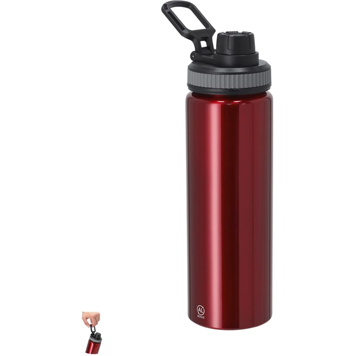 A red drink bottle with a black lid and a handle, featuring a logo on the body.