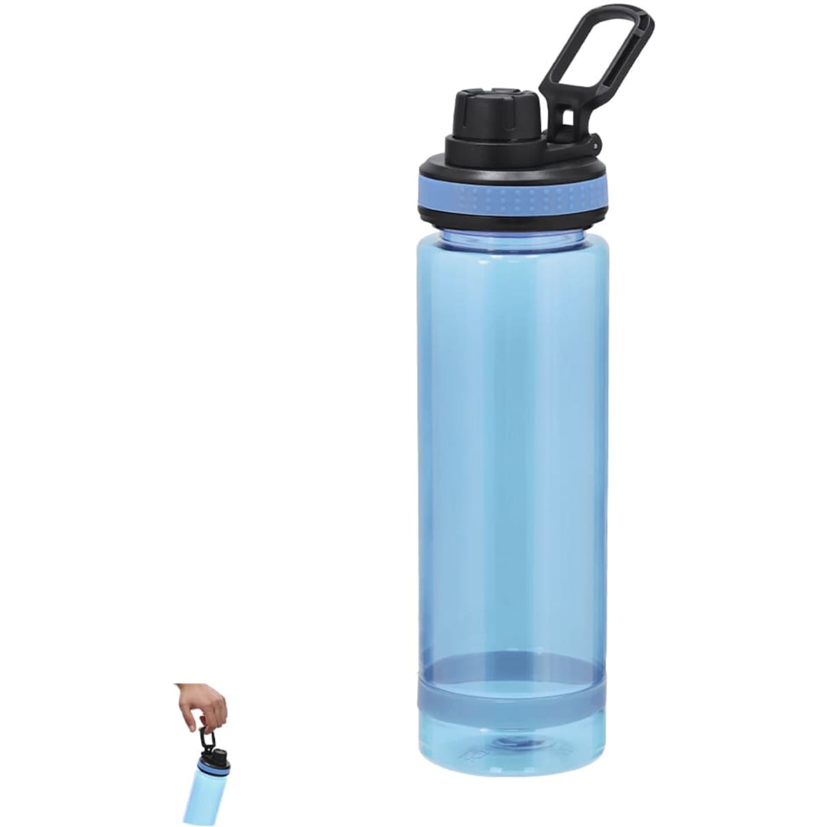 A drink bottle is transparent blue with a black top and a handle for easy carrying. It features a logo.