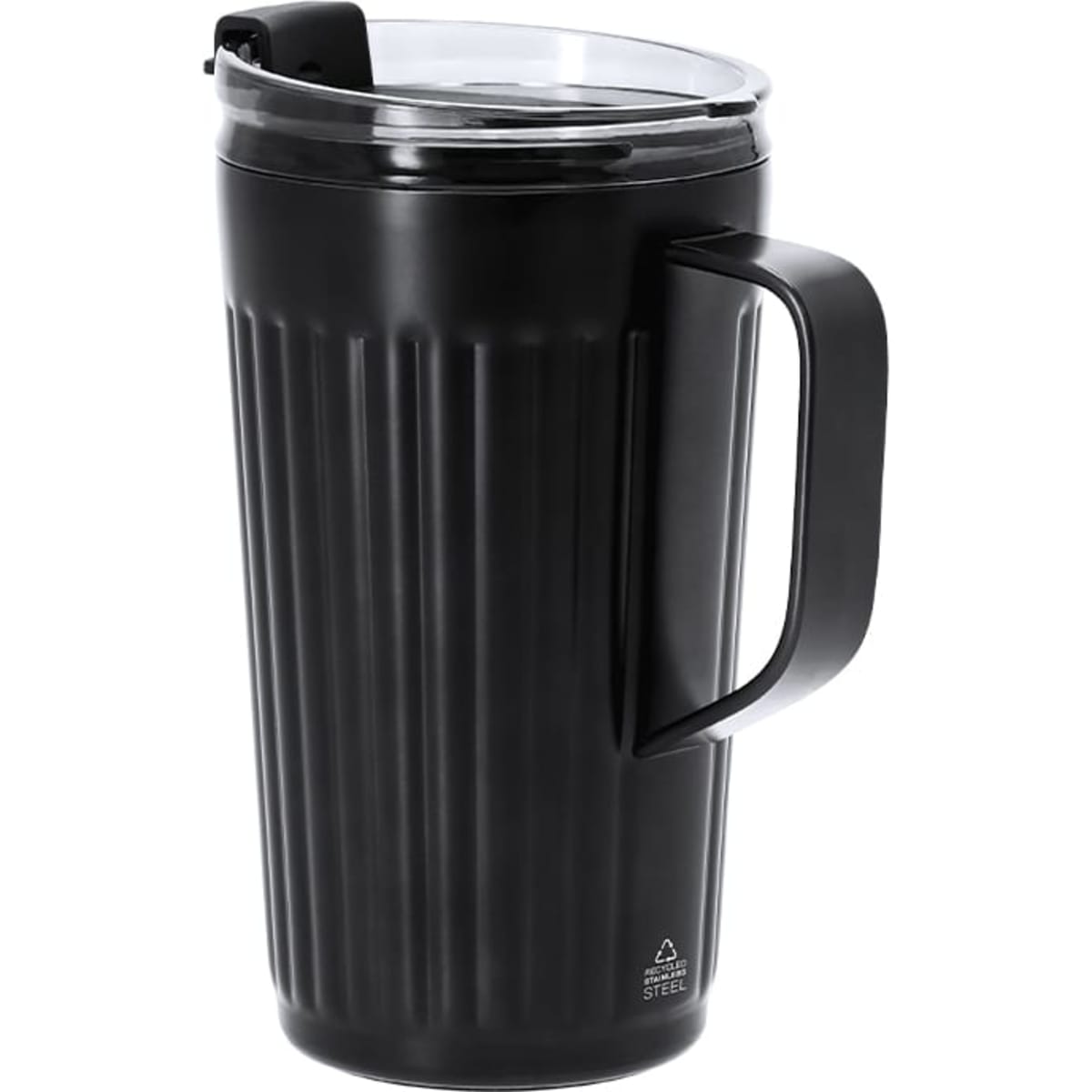 A drink bottle featuring a black insulated body with a ribbed design and a handle, topped with a transparent lid.