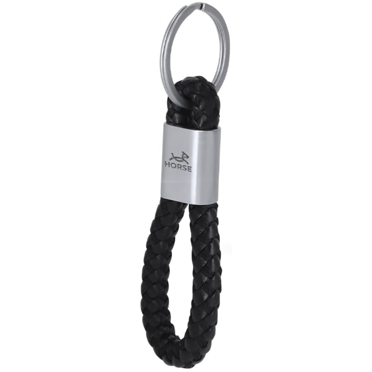 A black braided keyring with a silver metal attachment and a branded logo.