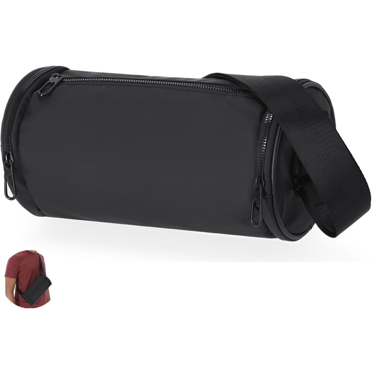A black cylindrical bag with a shoulder strap and zippered compartments, featuring a logo.