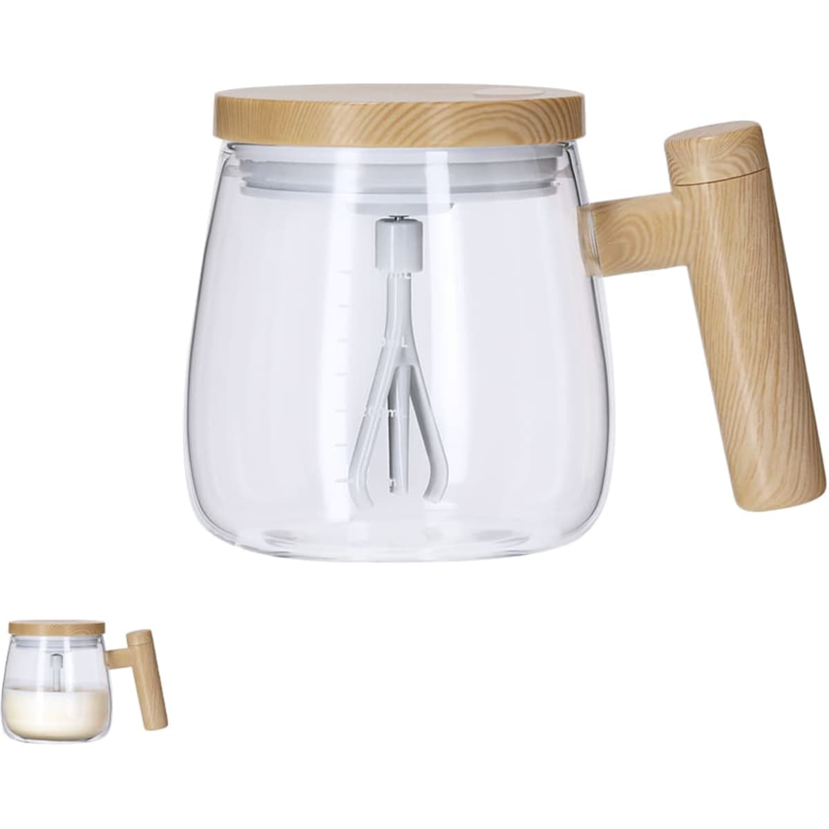 A glass coffee mug with a wooden handle and lid, featuring a whisk inside and a modern design.