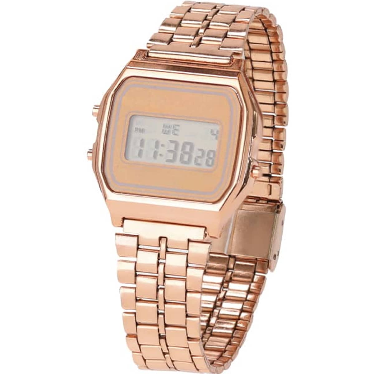 A rose gold digital watch with a rectangular face and a link bracelet design. It has a logo on the face.