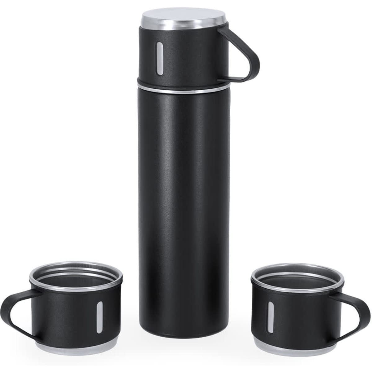 A drink bottle in black with a silver lid, accompanied by two matching black mugs. Each item has a handle and a logo.