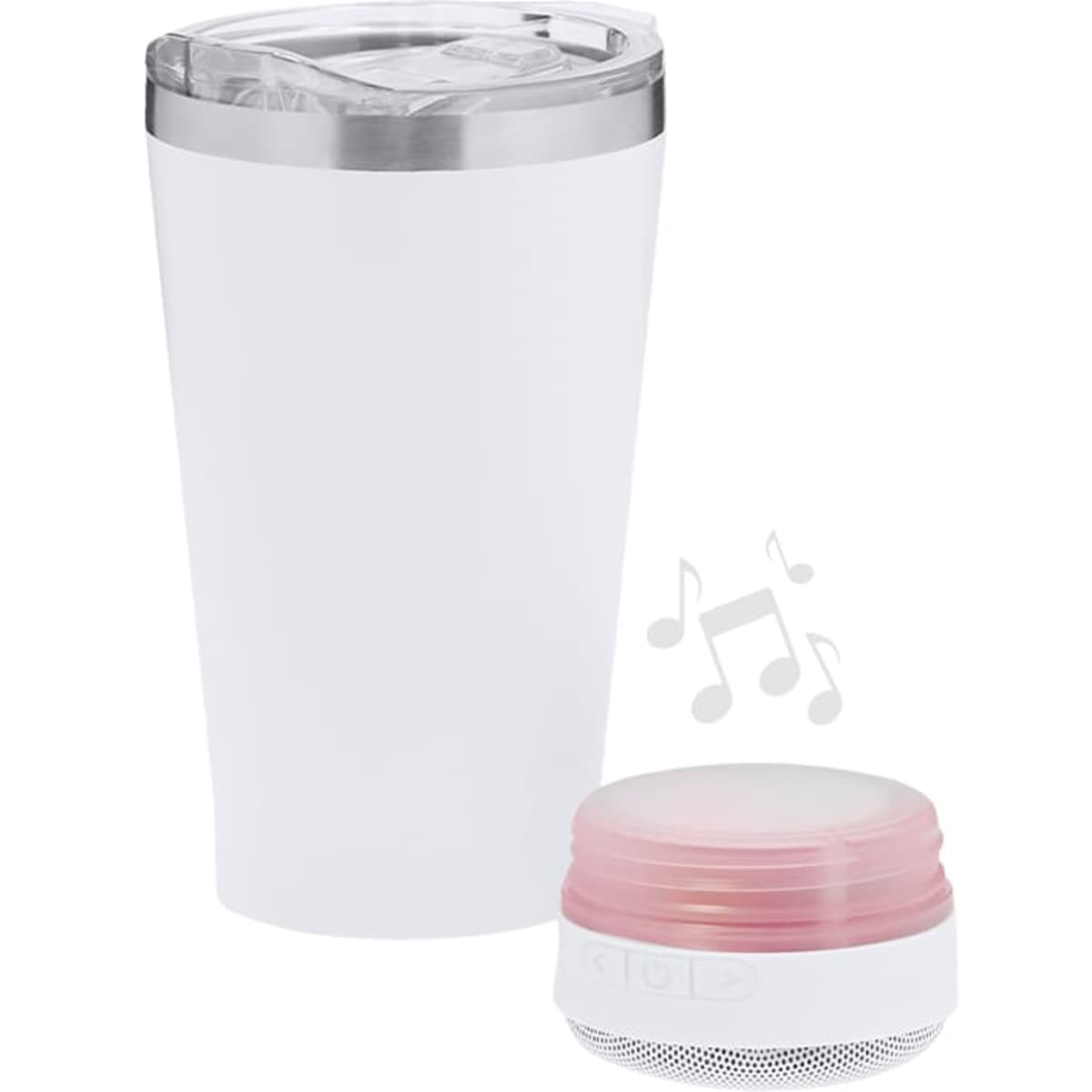 A white insulated travel mug with a silver rim and a small pink speaker beside it. The mug has a lid and a logo.