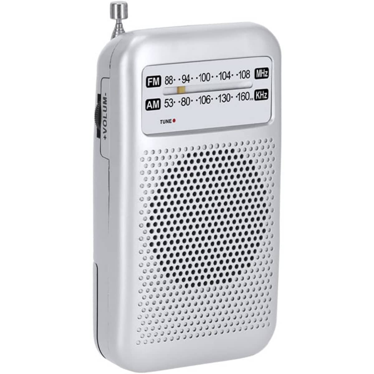 A silver portable radio with an antenna, featuring FM and AM frequency dials and a speaker grill.