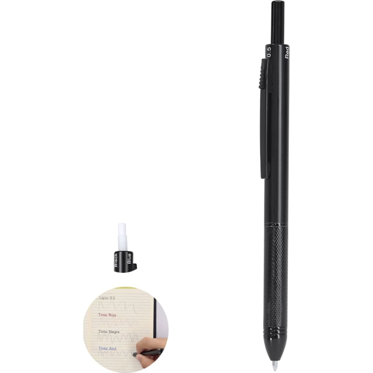 A black pen with a textured grip and a removable cap, accompanied by a writing example on paper.