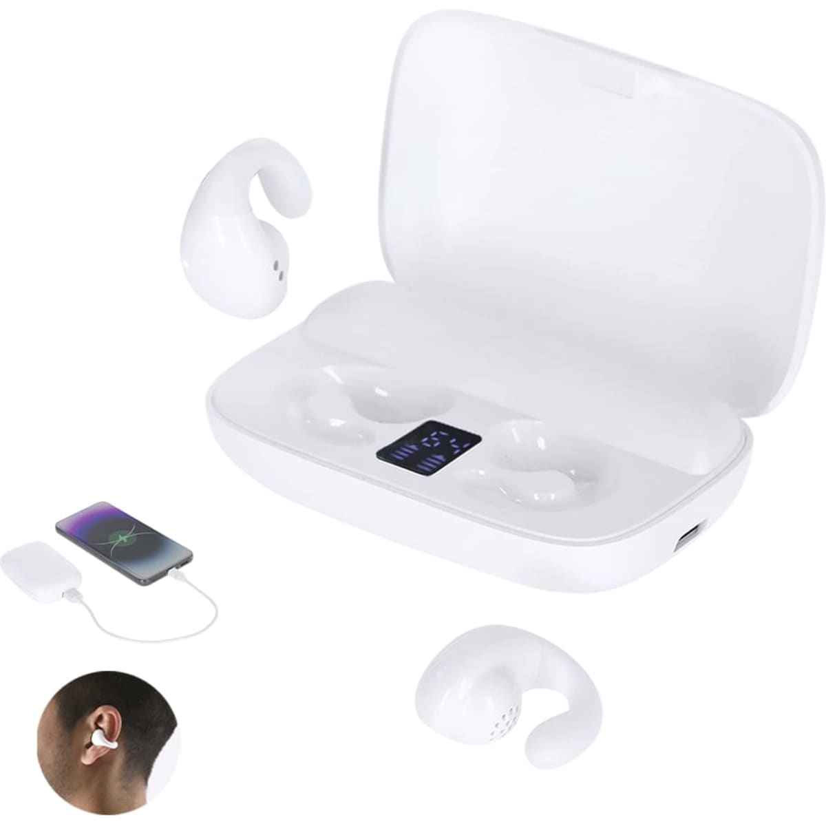 White wireless earbuds in a charging case, with a small display, alongside a smartphone and an ear insert.