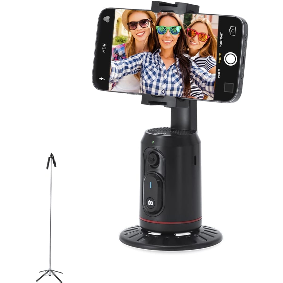 A black phone stand holds a smartphone with three smiling friends taking a selfie, alongside a separate tripod.