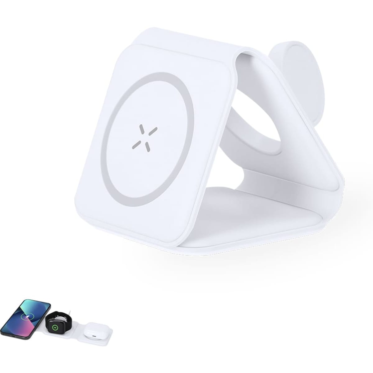 A wireless charger in white with a sleek design, featuring a logo and a compact stand for devices.