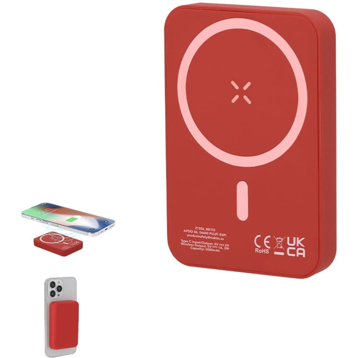 A red power bank with a circular charging pad, displayed alongside a smartphone and a phone case.