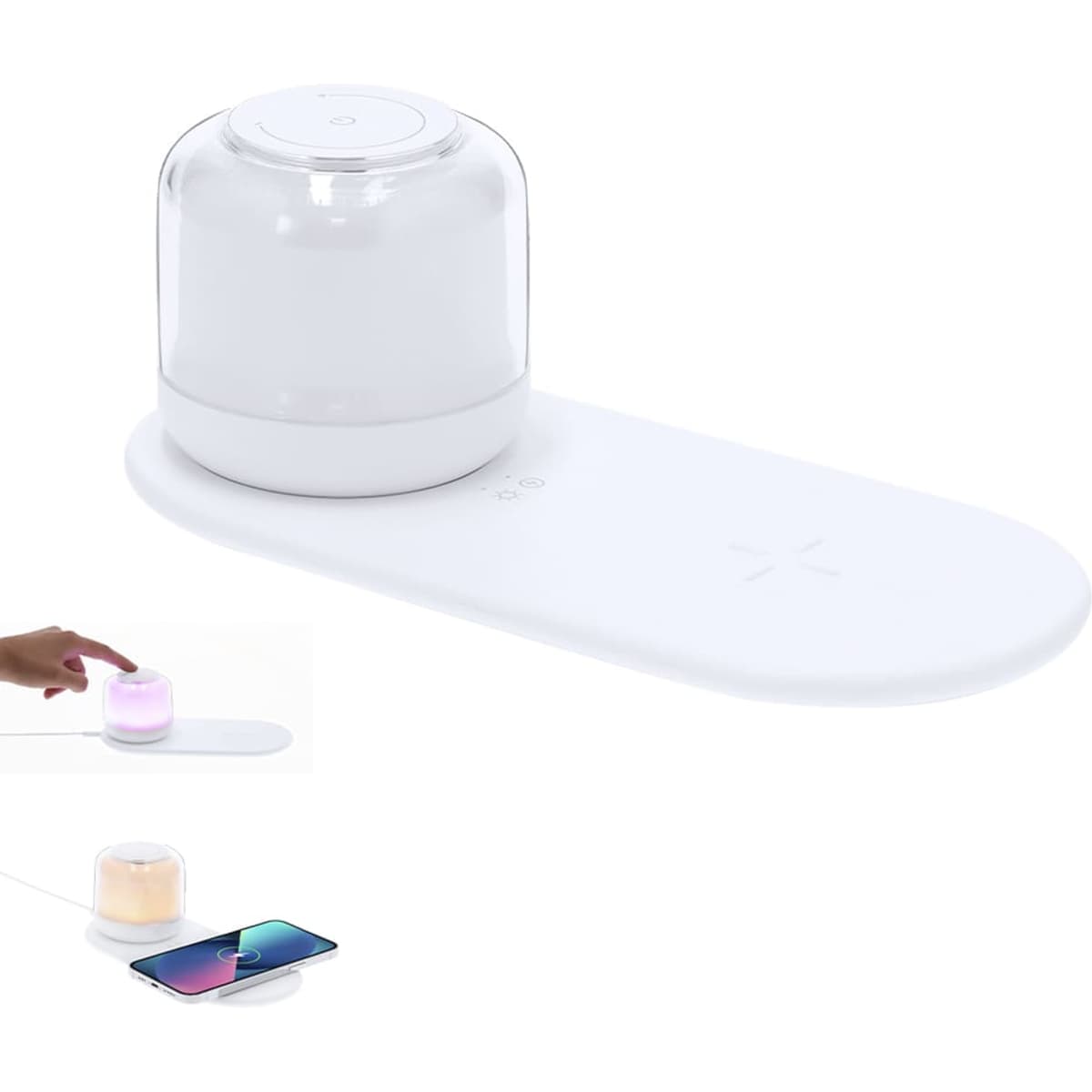 A white wireless charger with a rounded top and a circular base, featuring a logo, and a soft glow effect.