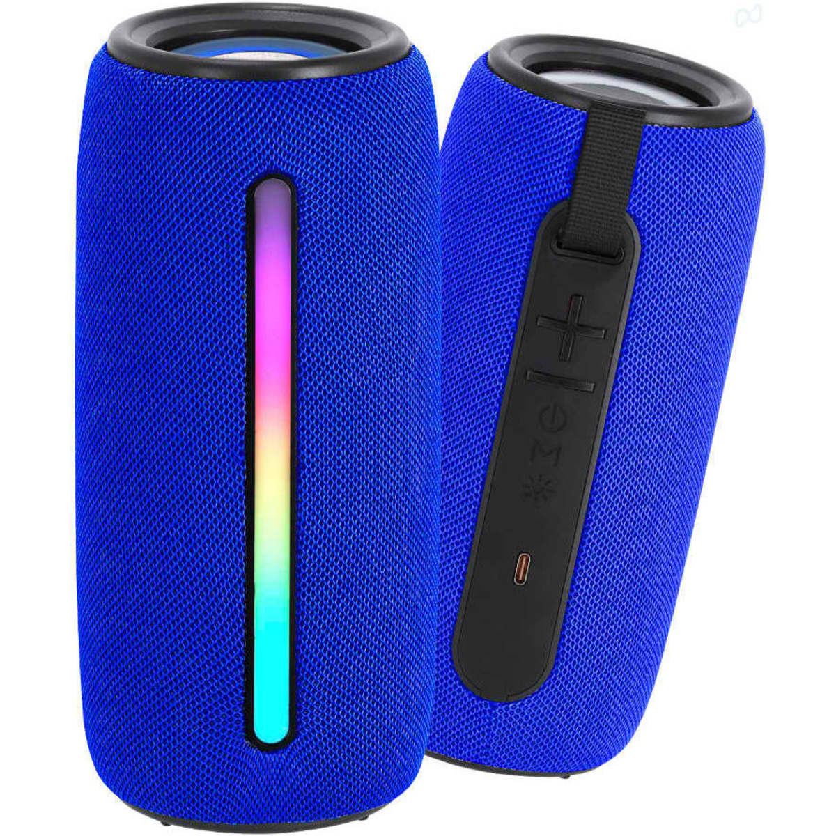 A blue Bluetooth speaker with a textured fabric exterior and a multicoloured LED light feature. It includes control buttons.