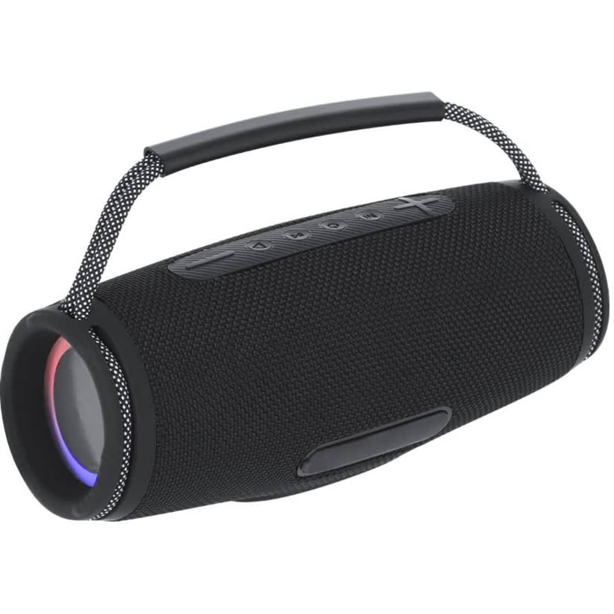 A portable black Bluetooth speaker with a handle and visible control buttons, featuring a colourful light ring.