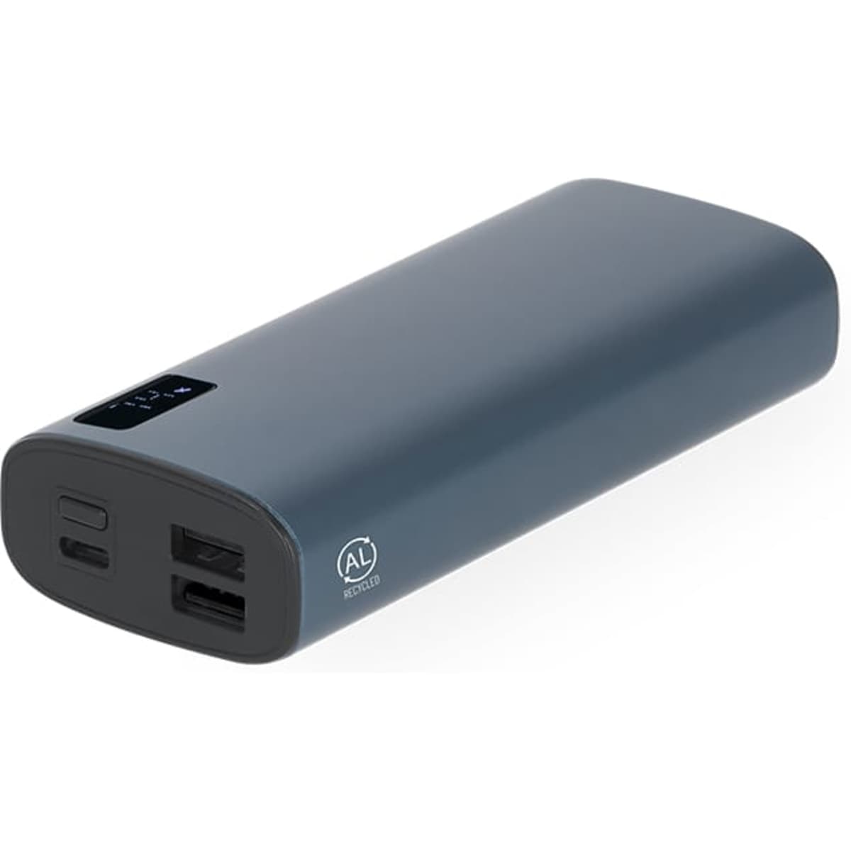 A power bank in a deep blue colour with two USB ports and a USB-C port. It features an understated logo.
