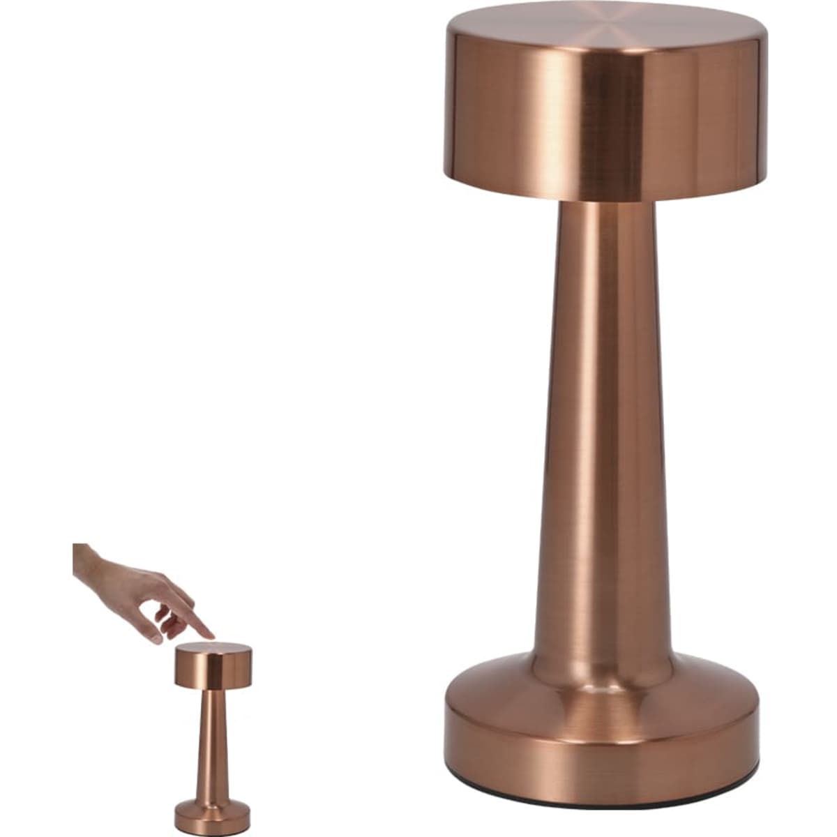 A copper-coloured drink bottle with a sleek design and a logo. Features a narrow base and a wider top.