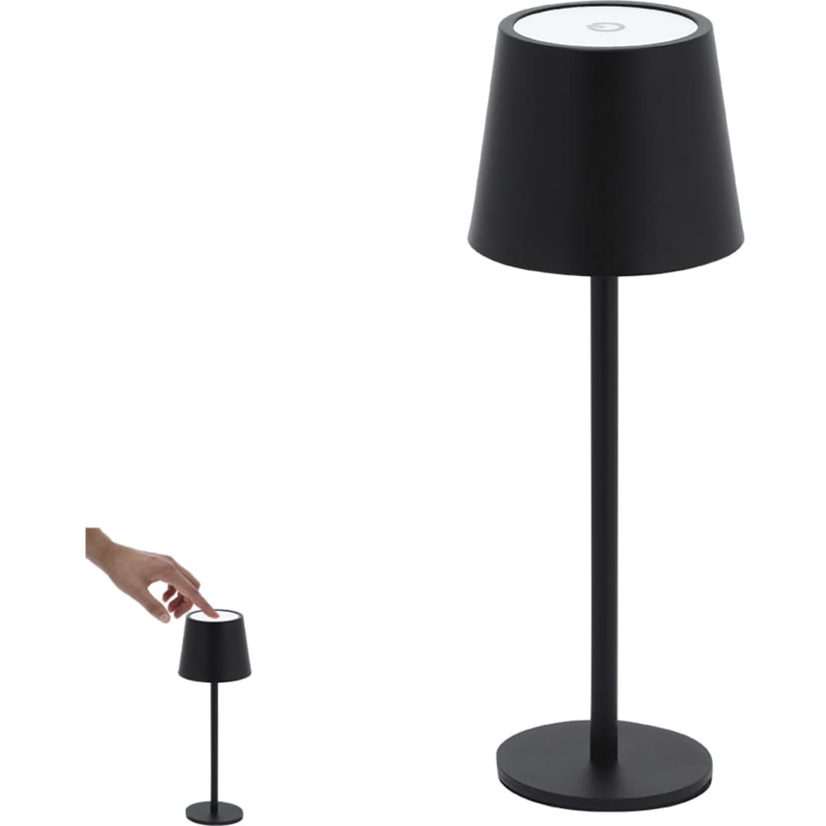 A black floor lamp with a conical shade and a slender pole, featuring a hand adjusting it.