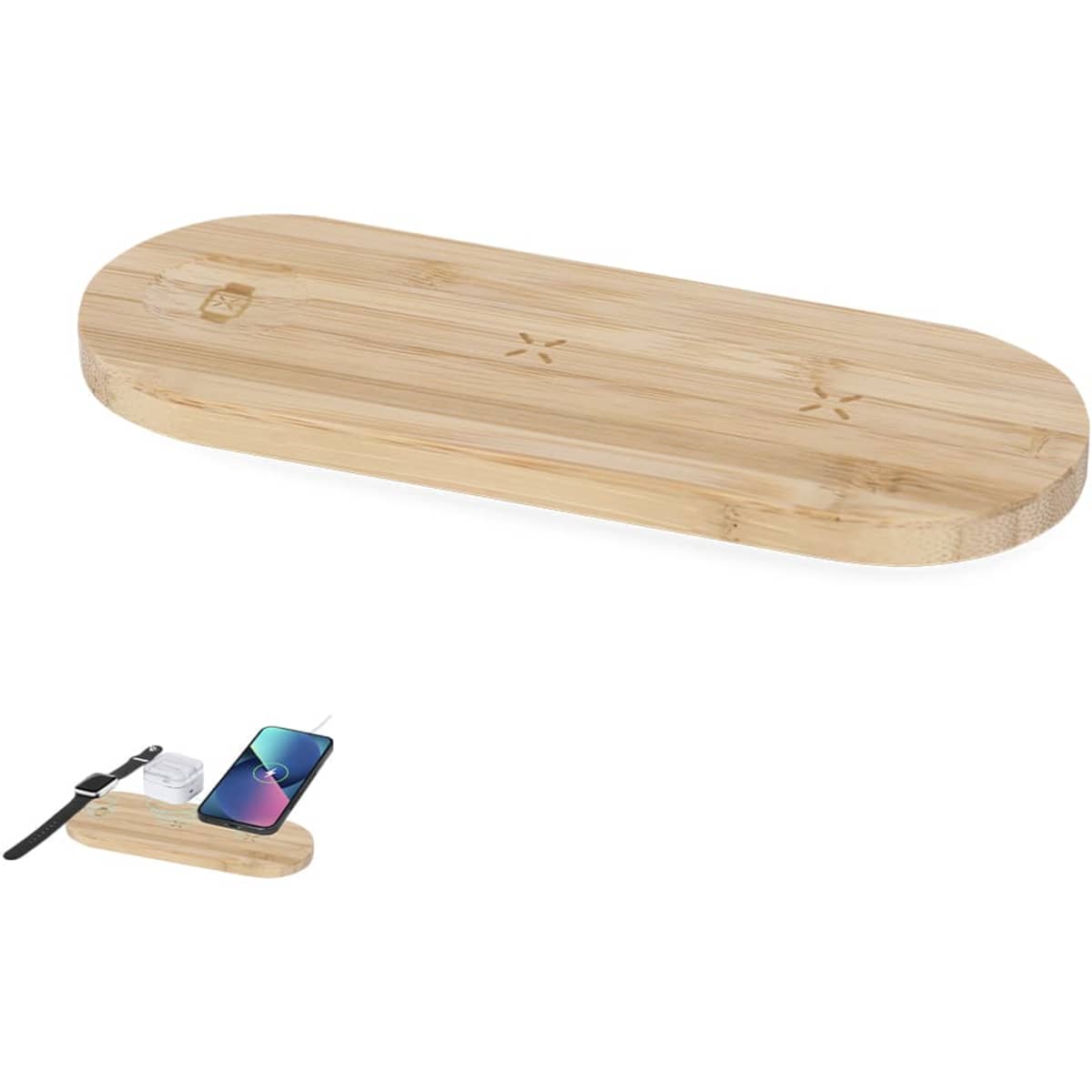 A wireless charger made of bamboo, featuring an oval shape with three designated charging areas.