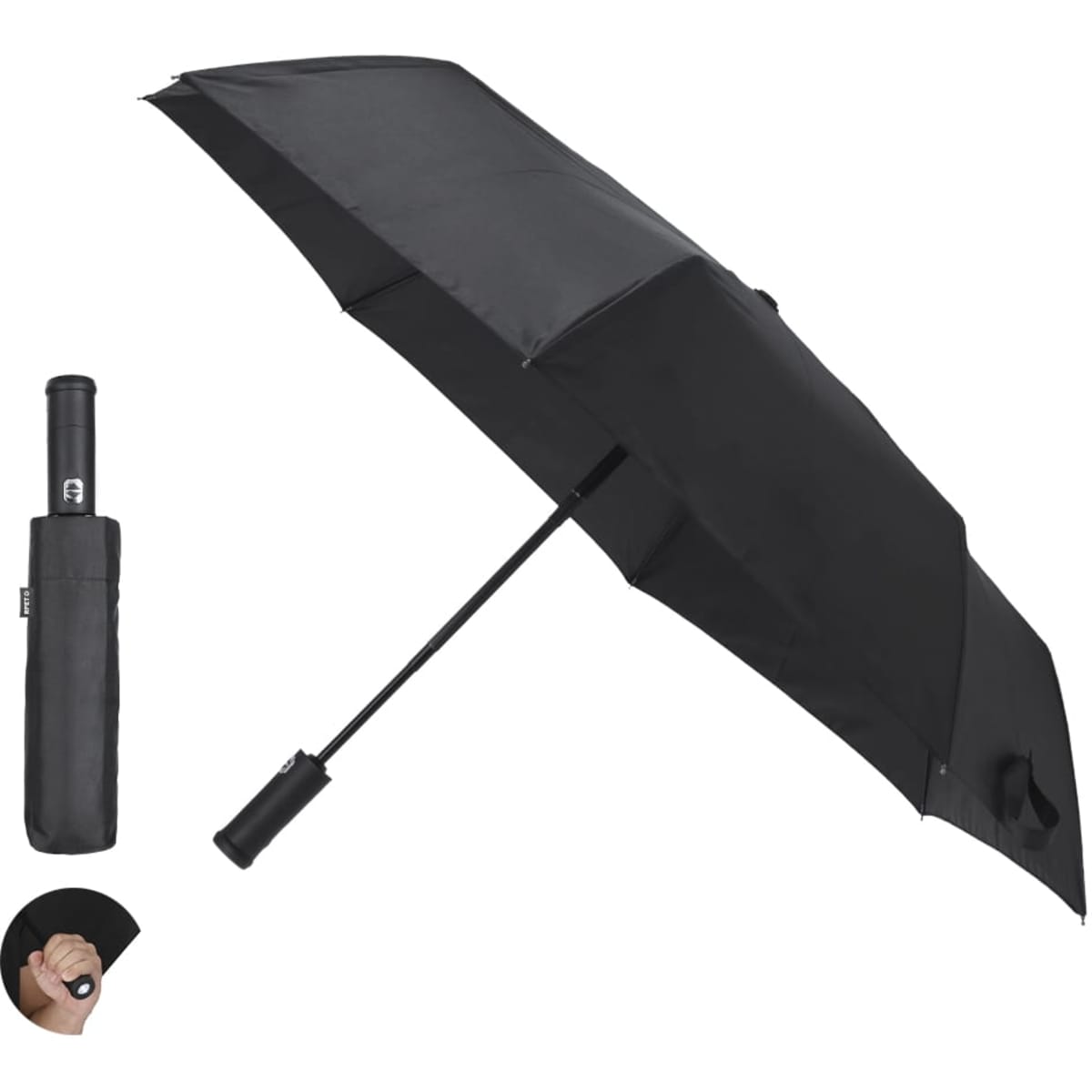 A black umbrella with a sleek design, featuring a handle and a coordinating carry case.