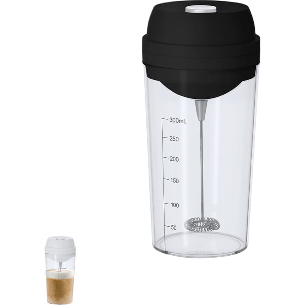 A drink bottle with a transparent body, black lid, and a built-in whisk for mixing beverages.