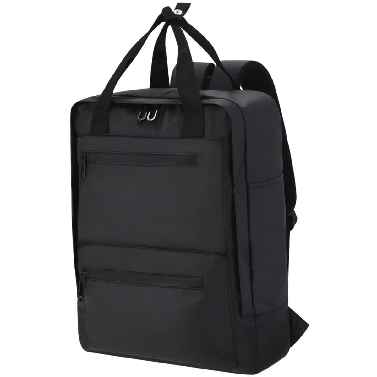 A black backpack with multiple zippered compartments and adjustable straps, featuring a logo on the front.