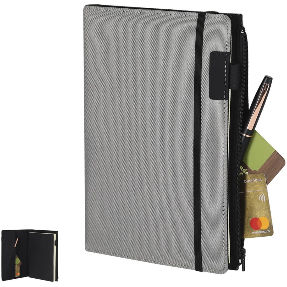 A grey notepad holder with a zipper, featuring card slots and a pen, and includes a logo.
