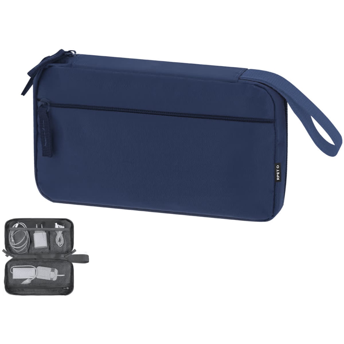 A navy bag with a zippered closure and a wrist strap, shown with a transparent pouch containing cables and a charger.