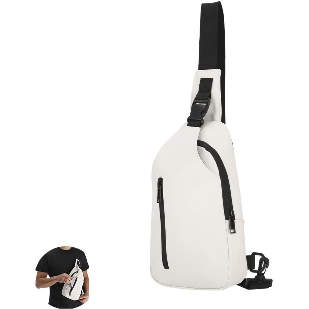 A white sling bag with a black strap and zippered pocket, featuring a sleek design and logo.
