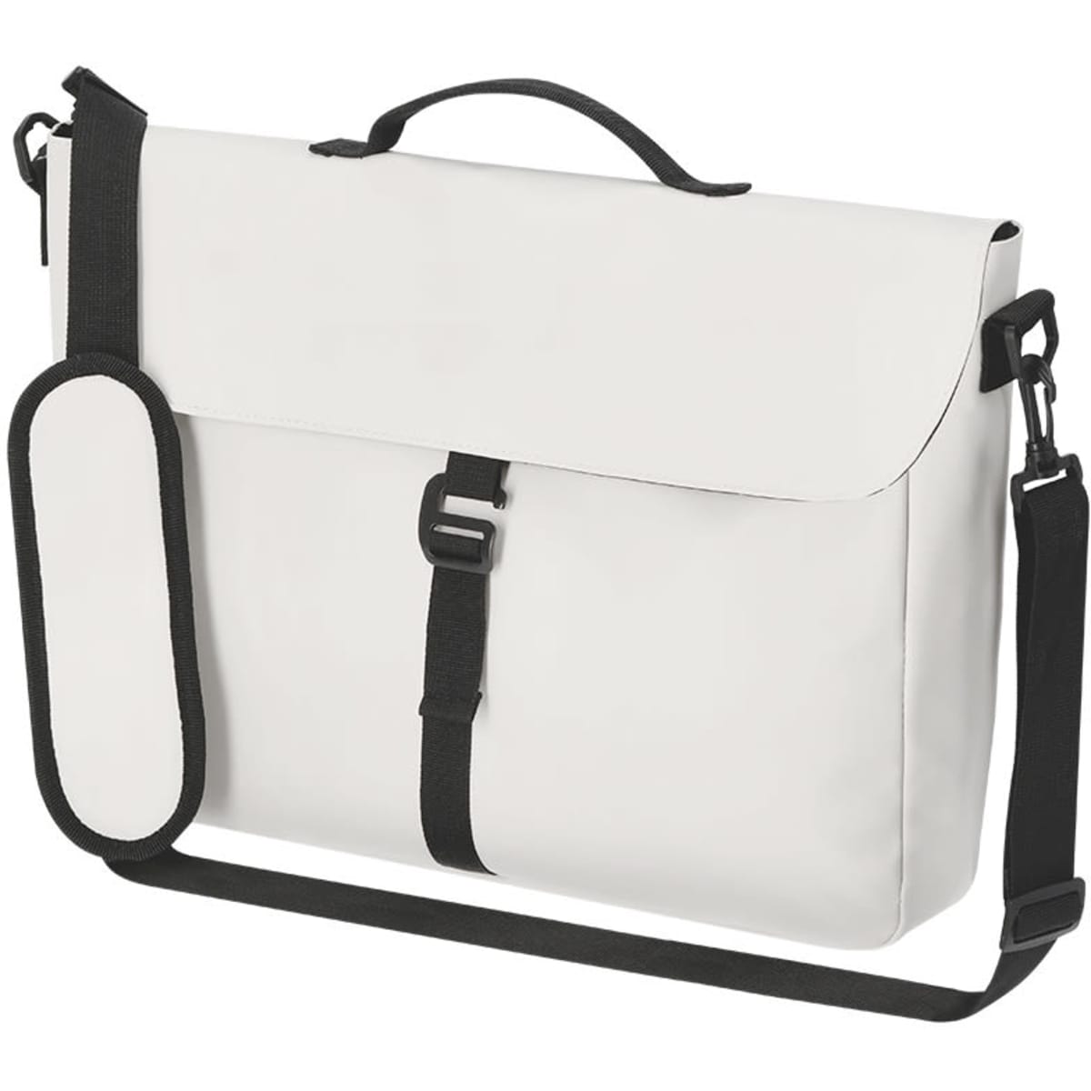 A white laptop bag with a sleek design, featuring a handle and adjustable strap. It has a logo on the front.
