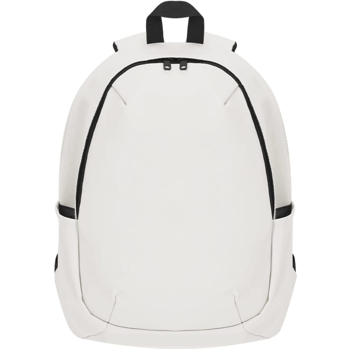 A white backpack with black accents, featuring a sleek design and a logo on the front.
