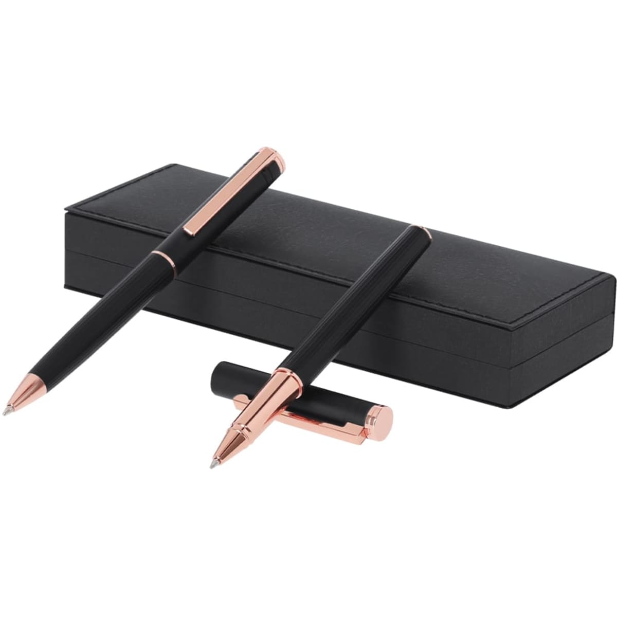 A black metal pen set with rose gold accents in a sleek black gift box.