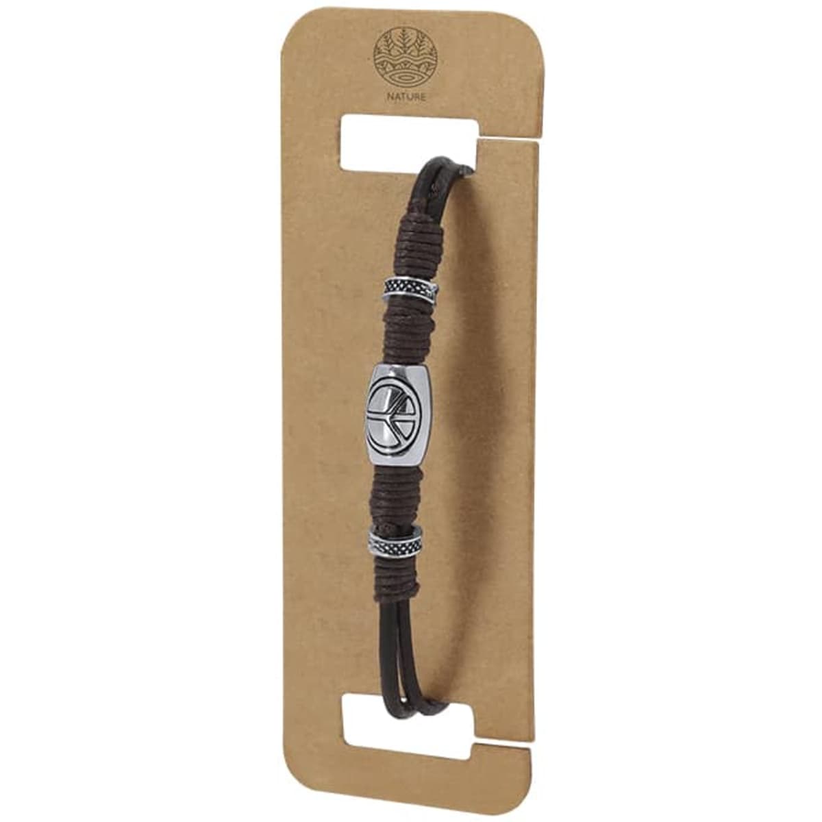A brown bracelet featuring a metallic charm and decorative accents, displayed on a cardboard backing with branding.