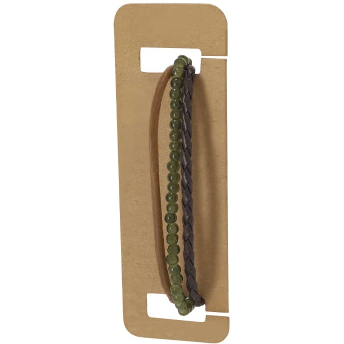 A selection of hair accessories featuring green beads and brown braided strands, displayed on a cardboard backing.