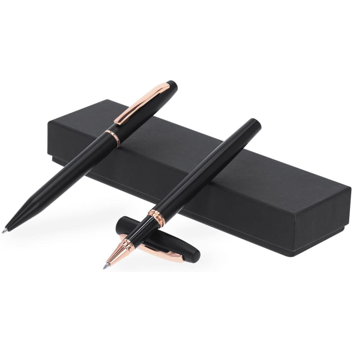 A sleek black metal pen set displayed on a black box, featuring gold accents. It includes a ballpoint pen and a rollerball pen.