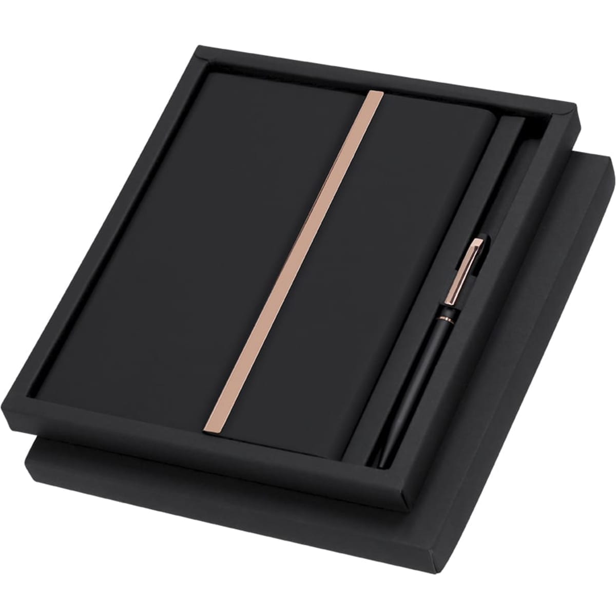 A black gift set featuring a sleek notebook with a rose gold band and a matching pen, presented in a black box.