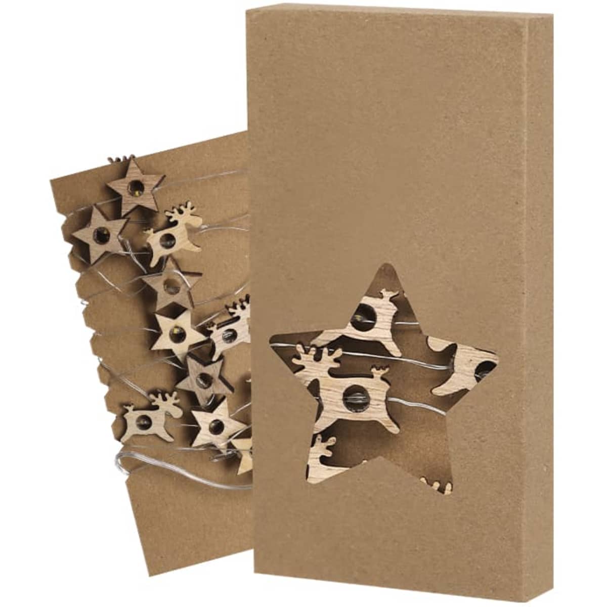 A set of wooden star decorations in a kraft paper box, featuring a reindeer design and twine for hanging.