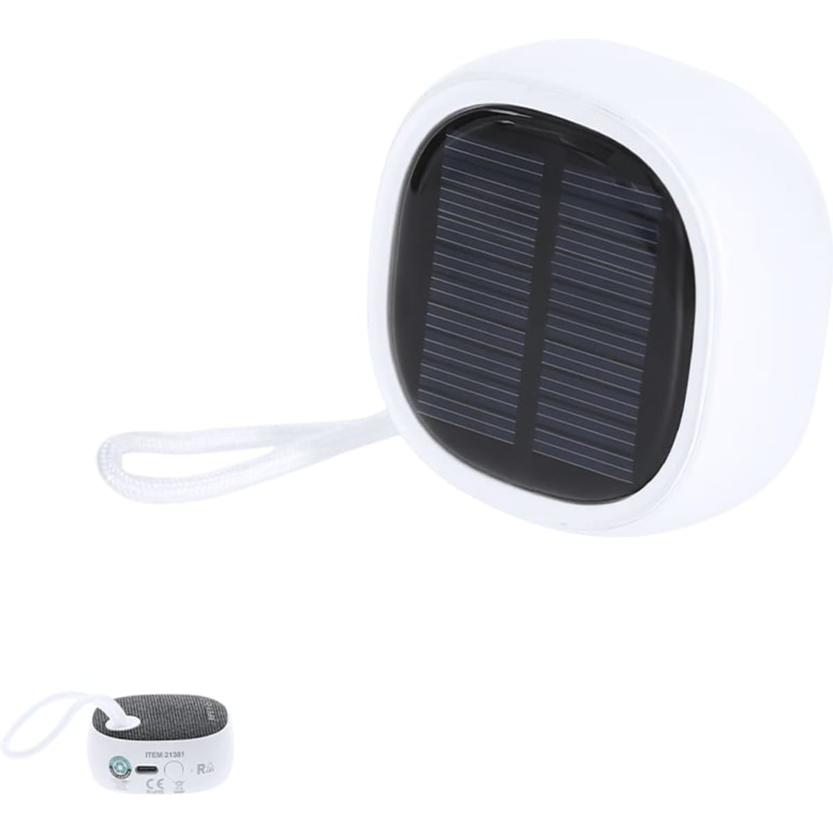 A compact white Bluetooth speaker featuring a solar panel, with a simple design and a hanging strap.