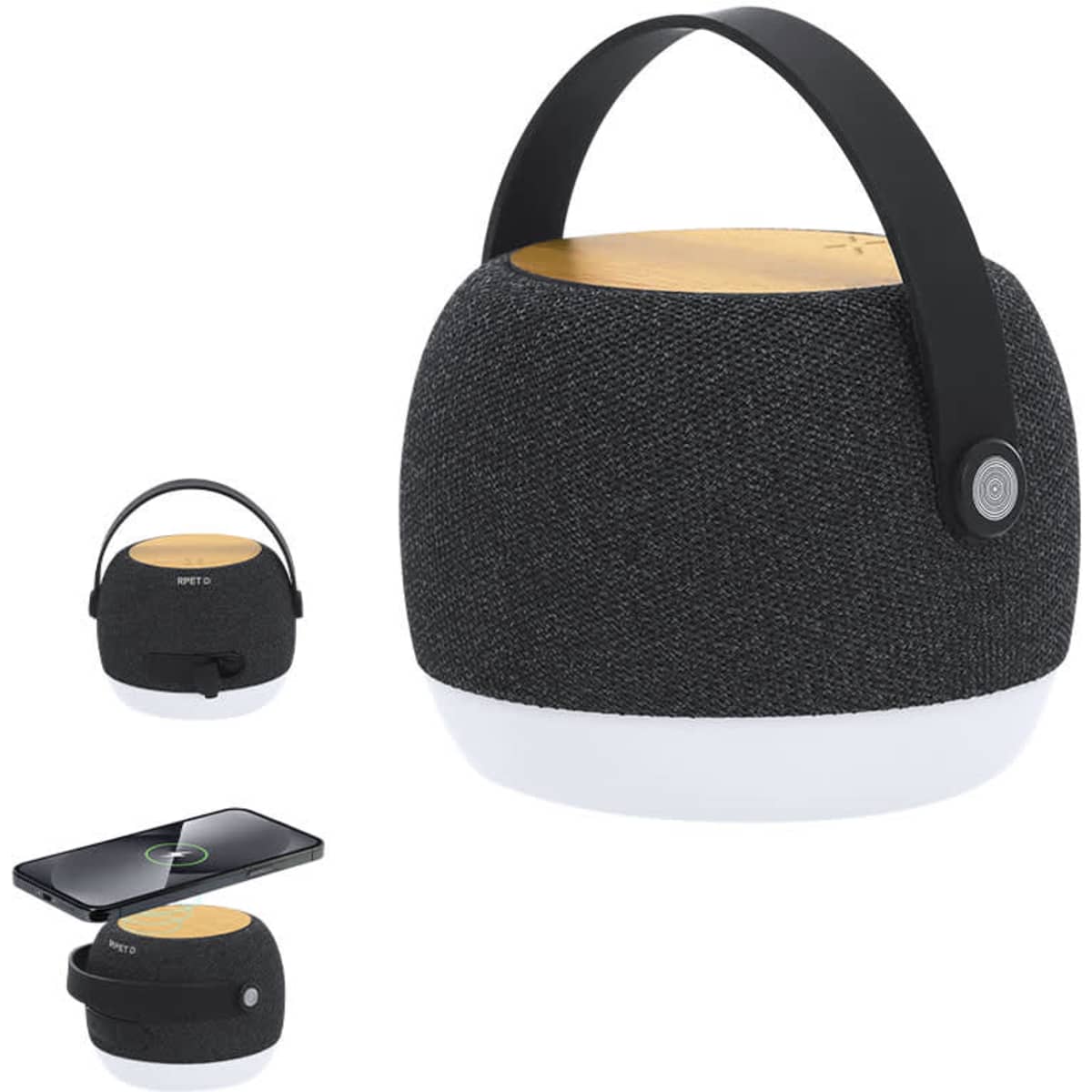 A round, portable Bluetooth speaker featuring a black fabric exterior, a wooden top, and a white base.