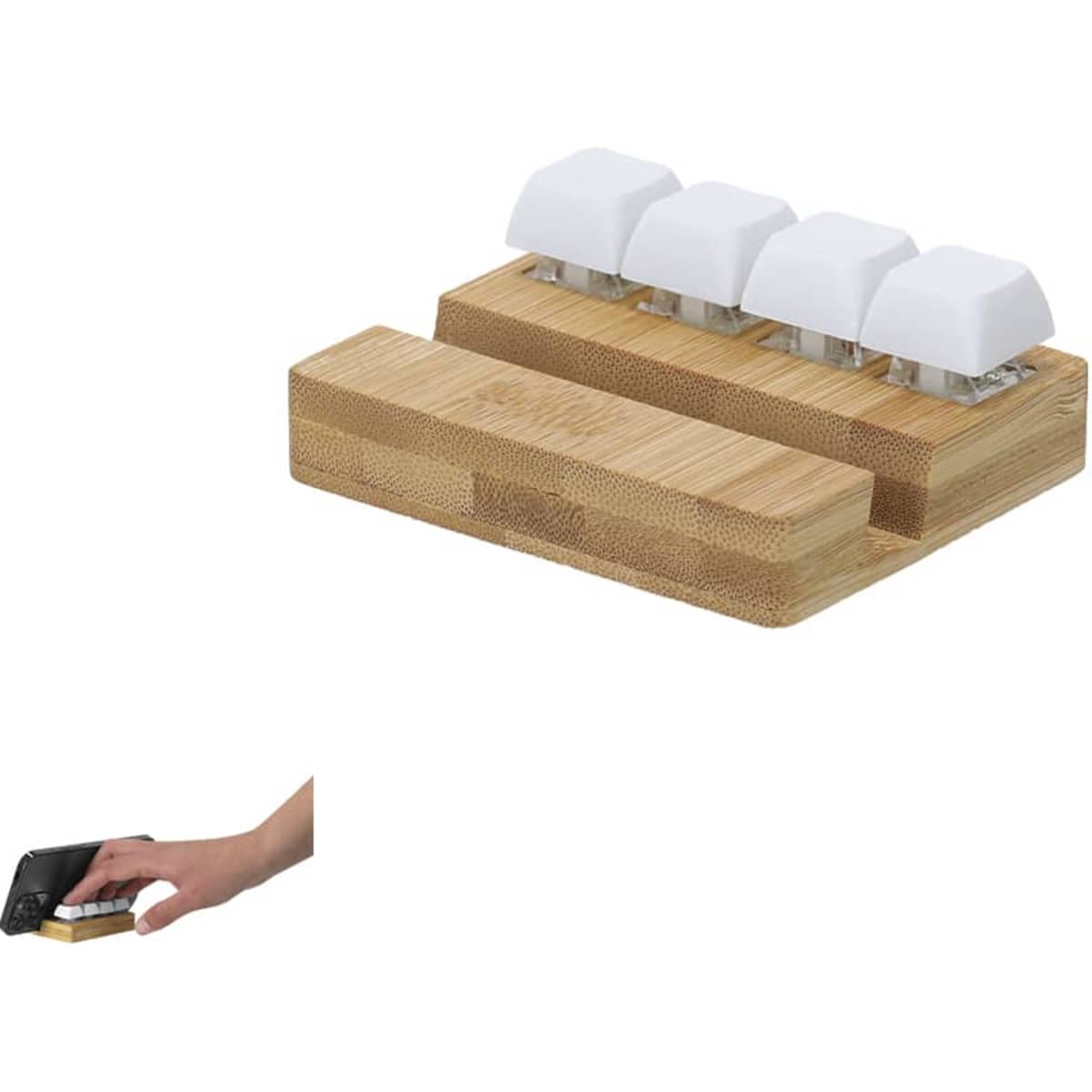 A bamboo phone stand featuring four white holders, designed for holding smartphones or devices.