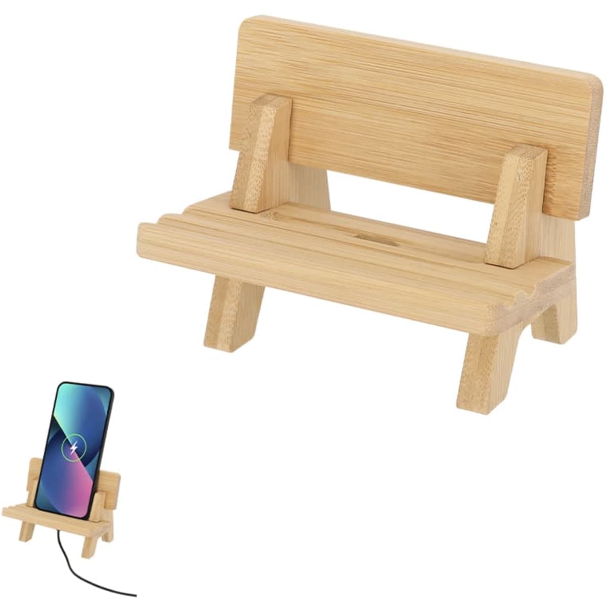 A bamboo phone stand resembling a bench, supporting a smartphone. Features a natural wood finish.
