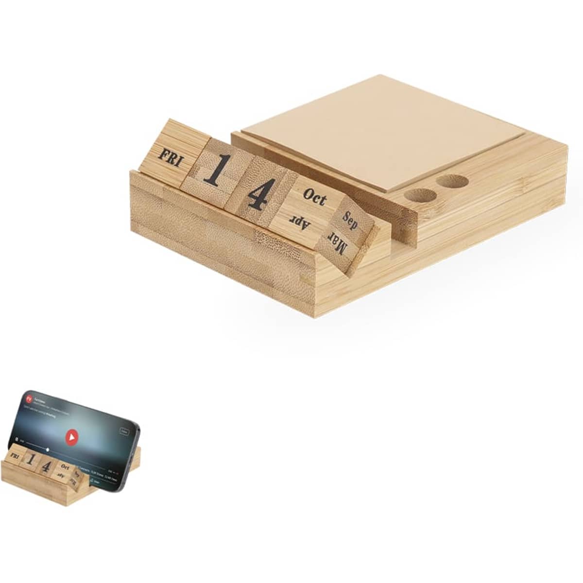 A bamboo desk calendar with a notepad holder and space for a phone, featuring a natural wood finish.