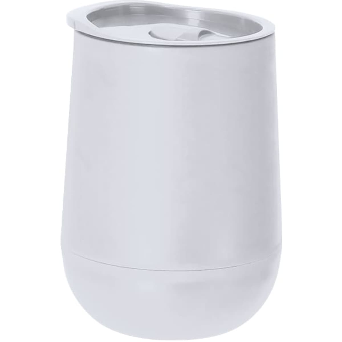 A drink bottle in a sleek, silver finish with a spill-proof lid and an integrated straw. It features a branding logo.