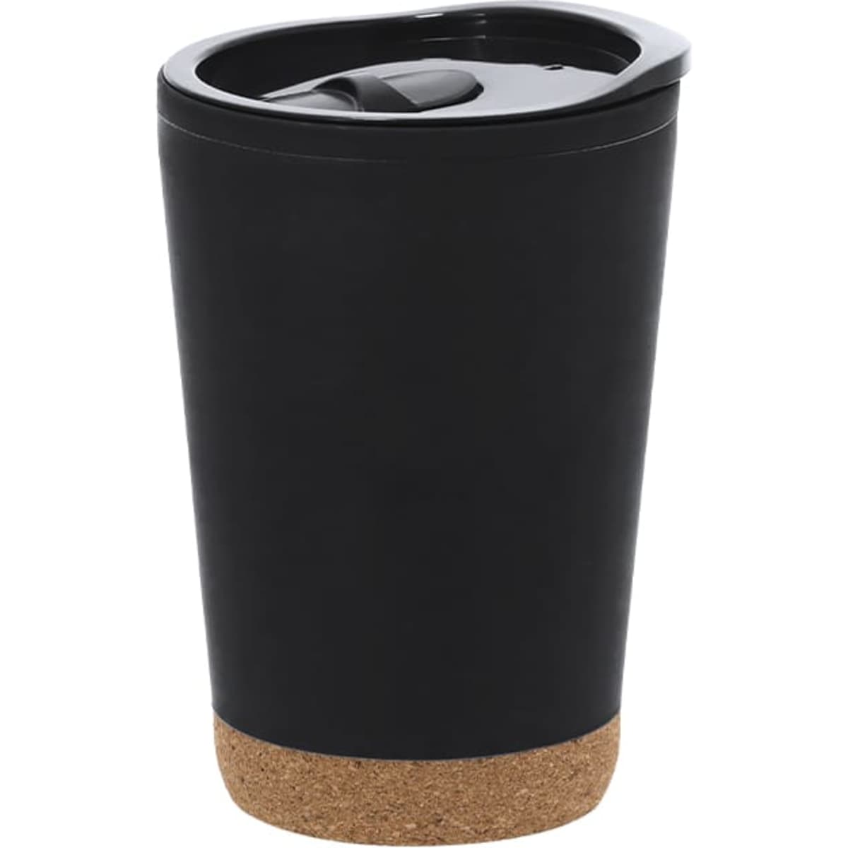 A drink bottle with a black body and cork base, featuring a lid for sipping. It has a logo on the surface.