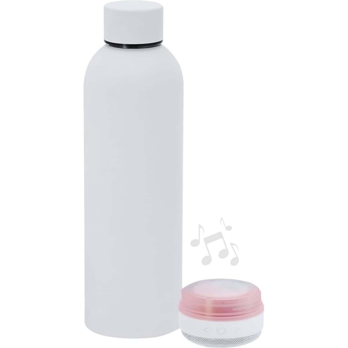 A drink bottle in matte white with a lid, next to a small round container with a logo.