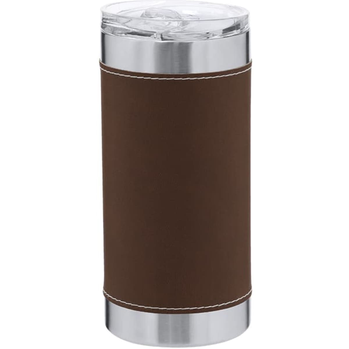 A drink bottle featuring a stainless steel base and a brown insulated sleeve, topped with a clear lid.