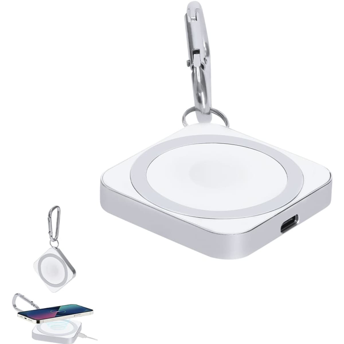 A white wireless charger with a clip, featuring a circular charging pad and a USB port.