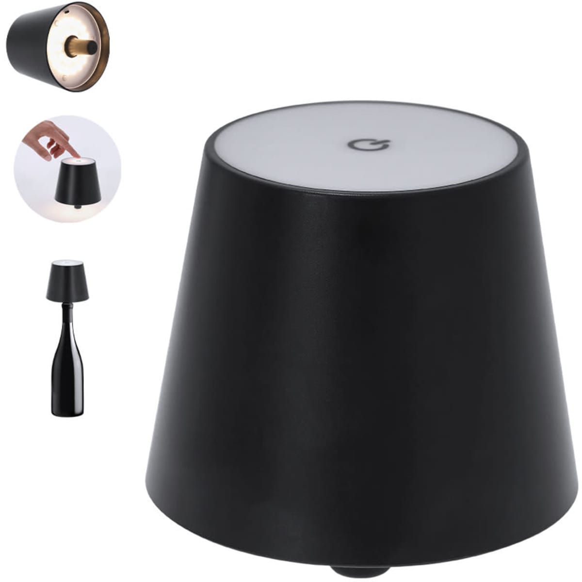 A black lamp with a tapered design and a light-diffusing top, featuring a logo on its surface.