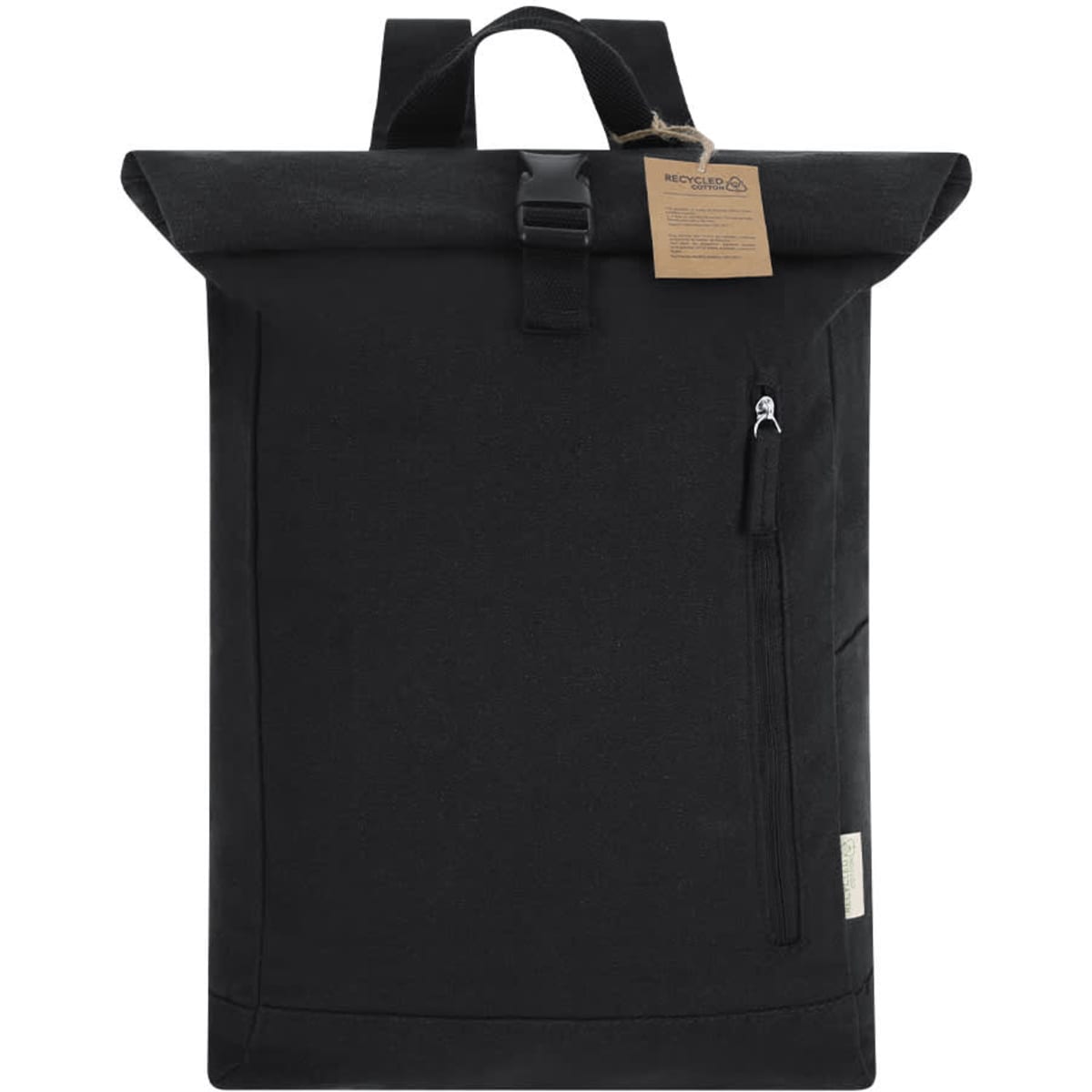A black backpack featuring a roll-top closure, a front zip pocket, and a logo tag.