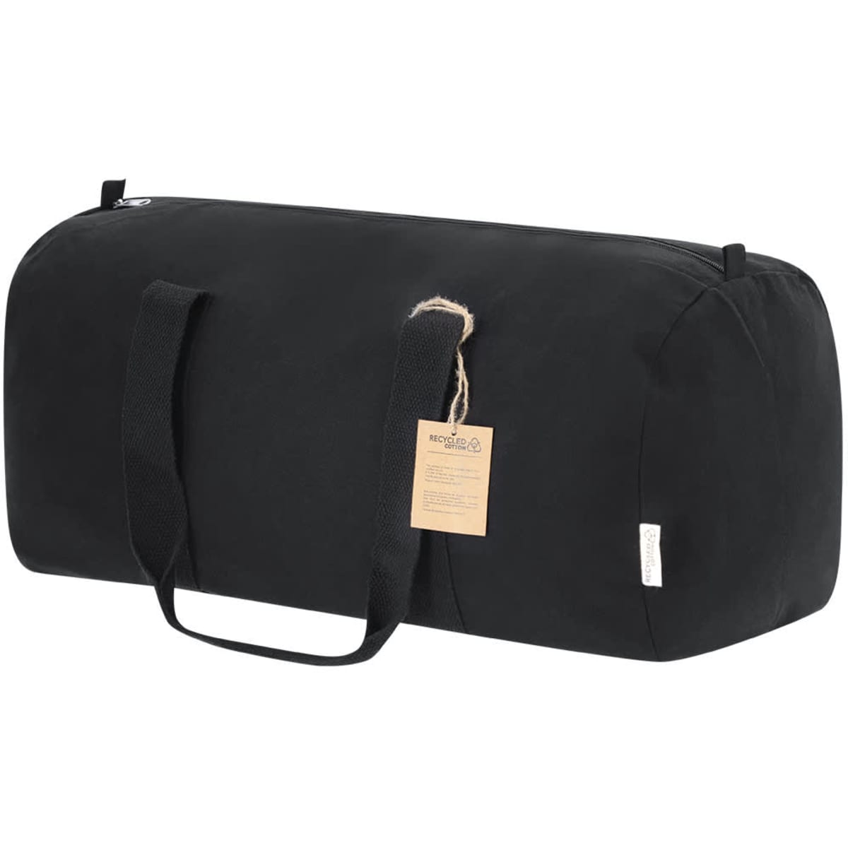 A black tote bag with dual handles and an attached tag. It has a simple, understated design.